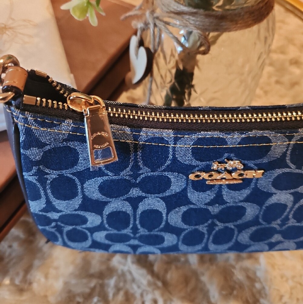 Coach Navy Signature Denim Mini Shoulder Bag with Gold Hardware - Picture 2 of 6
